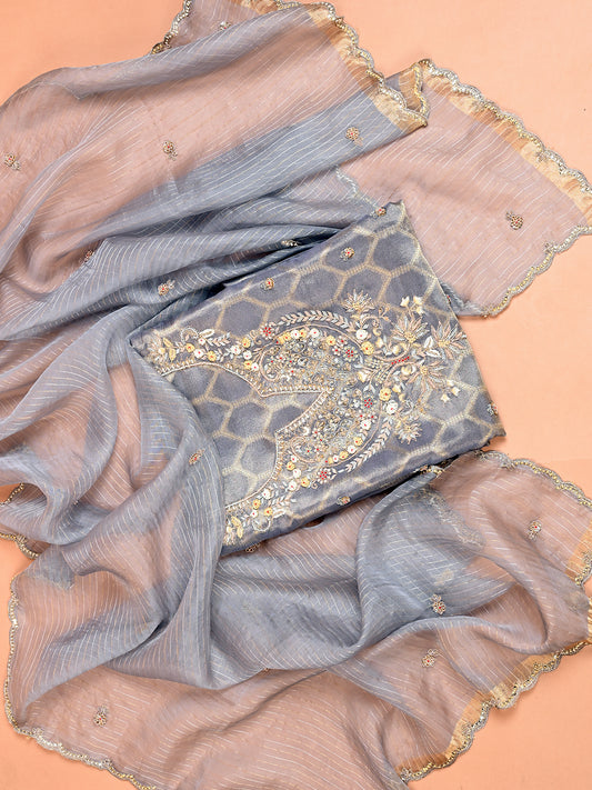 Bluish Grey Organza With Zardozi Work