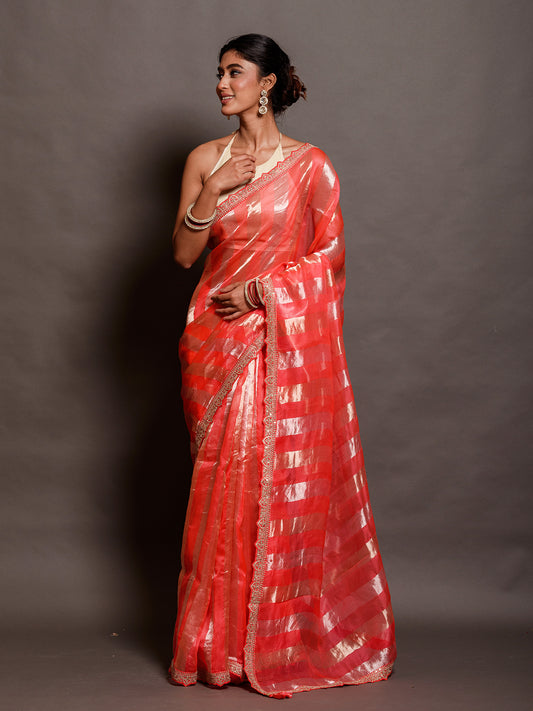 Red Organza Stripe Tissue Saree