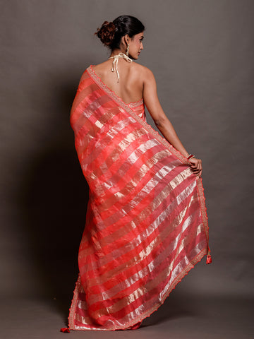 Red Organza Stripe Tissue Saree