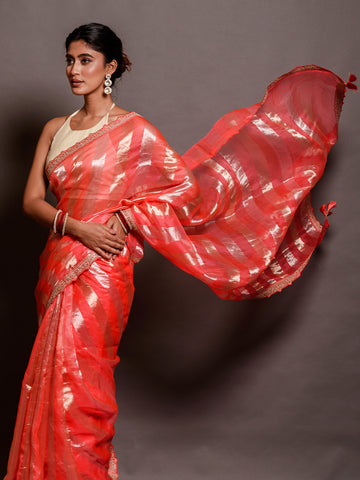 Red Organza Stripe Tissue Saree