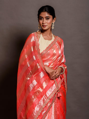 Red Organza Stripe Tissue Saree