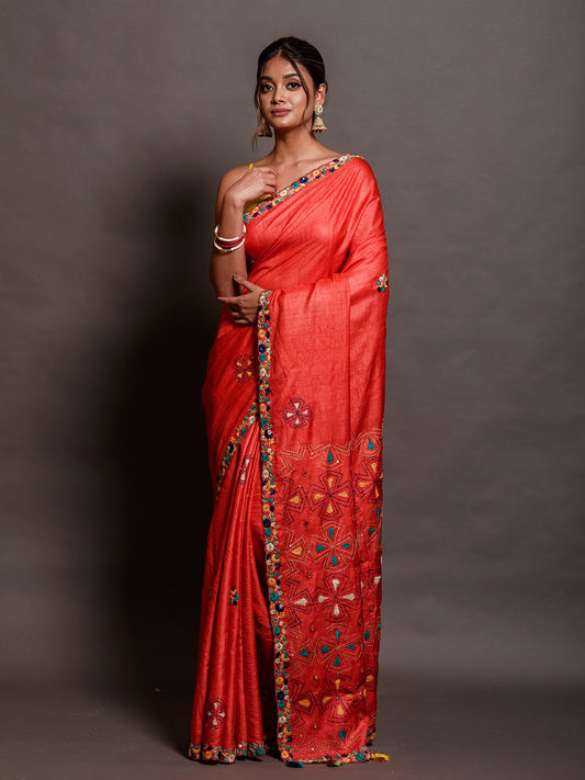 Red Tussar Saree