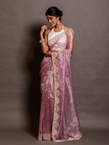 Lavender Purple Korean Tissue Sequinned Saree with Chir Work