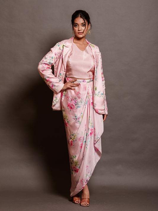 Soft Petal Pink Blazer Set with Classic Dhoti