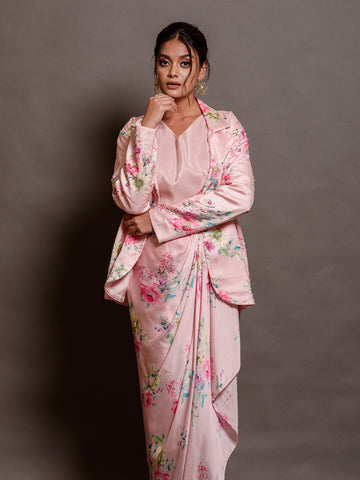 Soft Petal Pink Blazer Set with Classic Dhoti