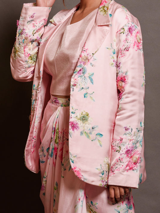 Soft Petal Pink Blazer Set with Classic Dhoti