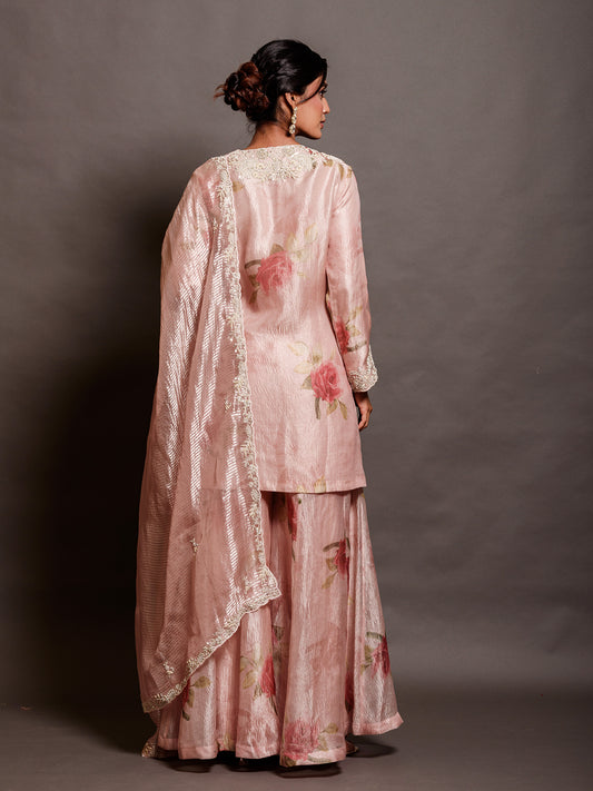 Light Pink Tissue Kurta Set Embroidered with Thread Work & Sequins