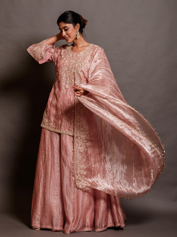 Cutdana Tissue Light Pink Kurta Set with Moti & Sequins Work