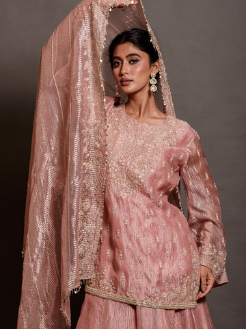 Cutdana Tissue Light Pink Kurta Set with Moti & Sequins Work