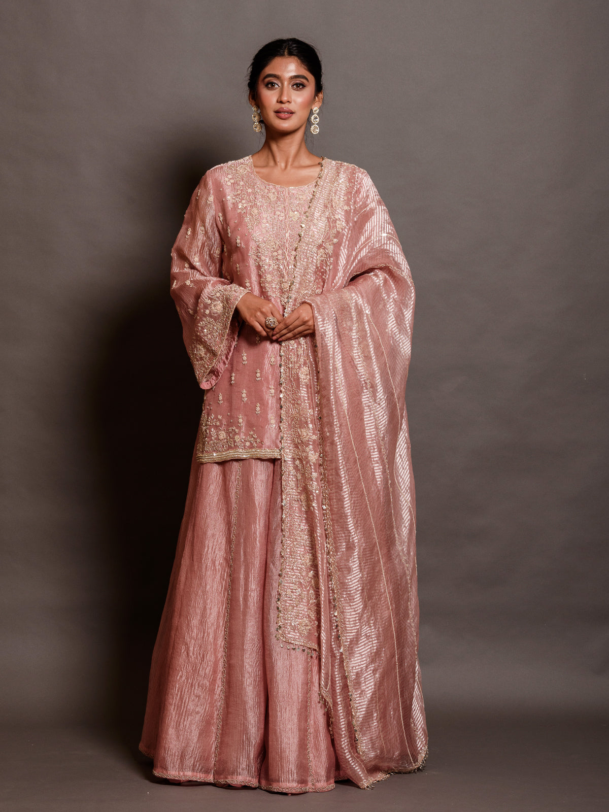 Cutdana Tissue Light Pink Kurta Set with Moti & Sequins Work