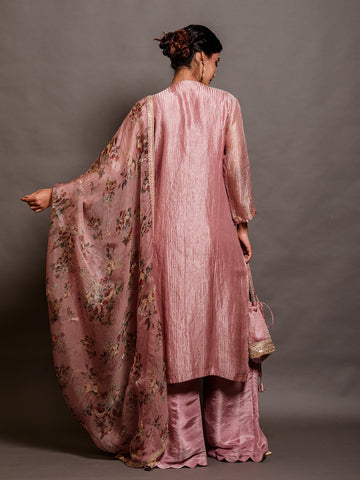 Blossom Pink Organza Sequinned Kurta Set with Dabka & Thread Work