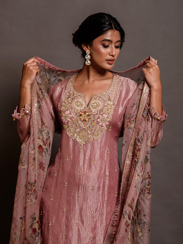 Blossom Pink Organza Sequinned Kurta Set with Dabka & Thread Work