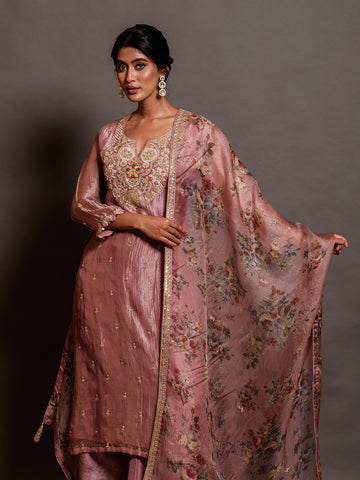 Blossom Pink Organza Sequinned Kurta Set with Dabka & Thread Work