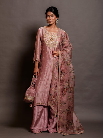 Blossom Pink Organza Sequinned Kurta Set with Dabka & Thread Work