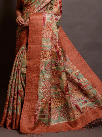 Printed With Handwork Silk Banarasi Border Saree