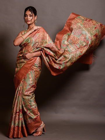 Printed With Handwork Silk Banarasi Border Saree