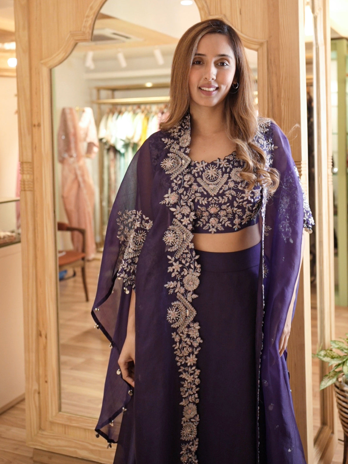 Purple Organza Cape & Skirt Set with Resham Embroidery