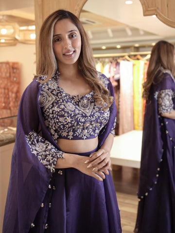 Purple Organza Cape & Skirt Set with Resham Embroidery