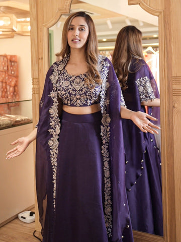 Purple Organza Cape & Skirt Set with Resham Embroidery