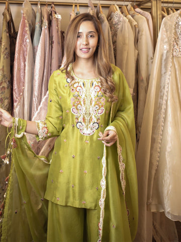 Green Silk & Organza Sharara Set