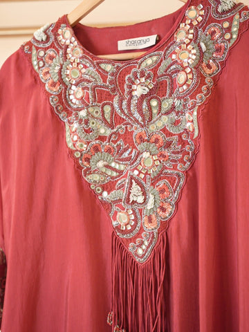 Red Silk Kaftan Kurta Pant Set