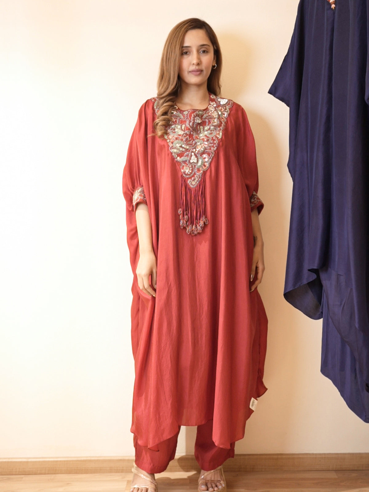 Red Silk Kaftan Kurta Pant Set