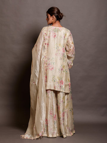 Ivory Printed Crush Tissue & Strip Organza Kurta Set