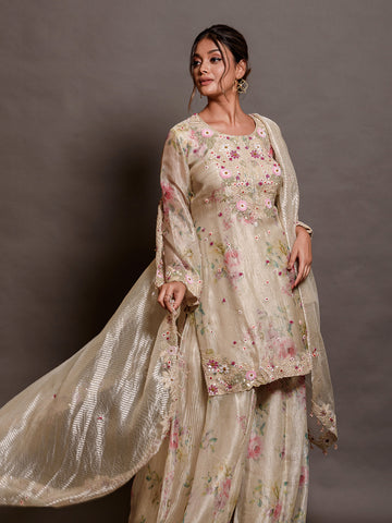 Ivory Printed Crush Tissue & Strip Organza Kurta Set