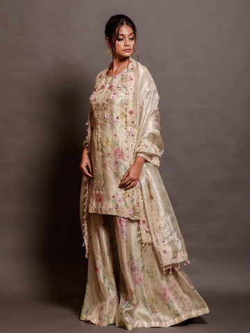 Ivory Printed Crush Tissue & Strip Organza Kurta Set