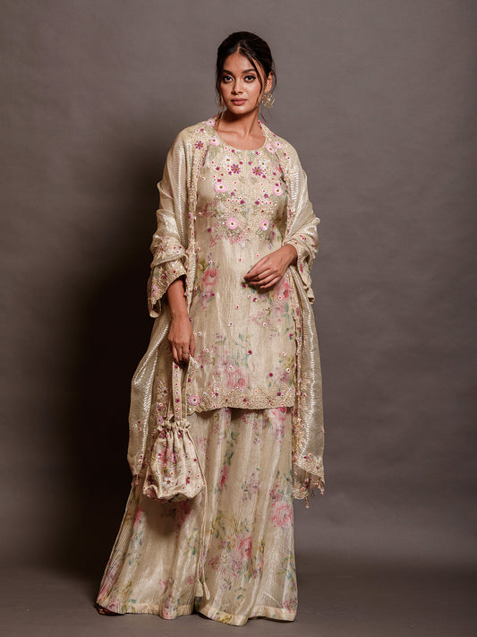 Ivory Printed Crush Tissue & Strip Organza Kurta Set