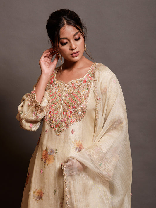 Beige Tissue Kurta Set Embroidered with Dabka & Thread Work