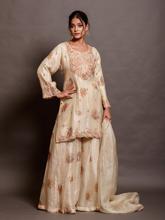 Beige Tissue Kurta Set Embroidered with Dabka & Thread Work