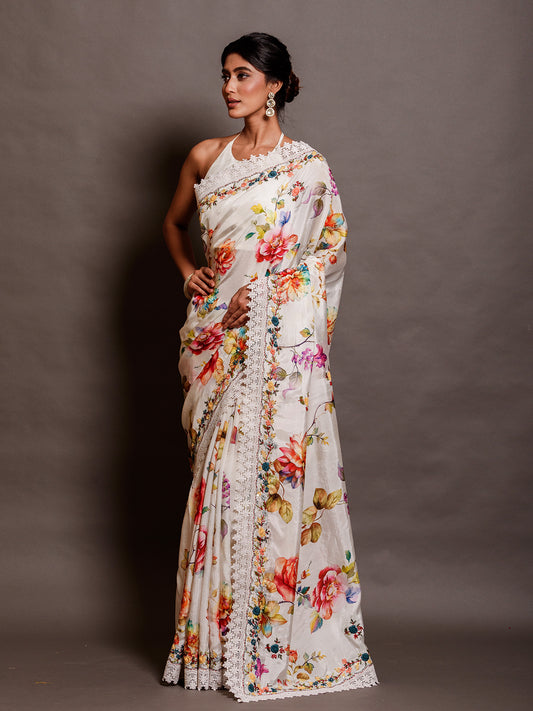 White Bengal Silk Printed Saree