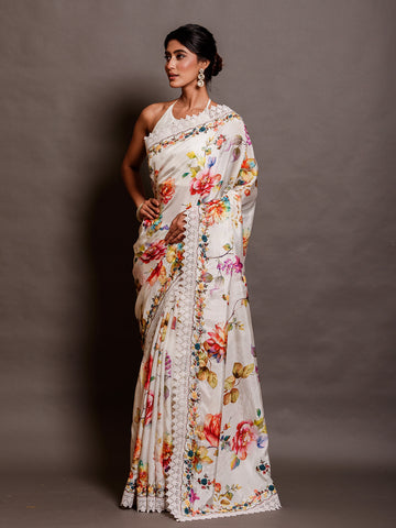 White Bengal Silk Floral Printed Saree with Resham Border