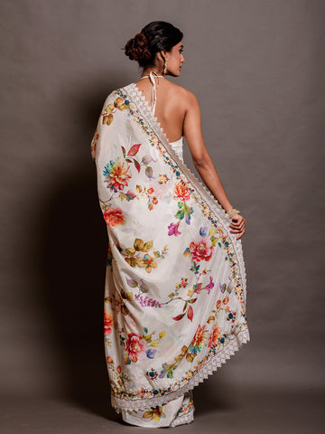 White Bengal Silk Printed Saree