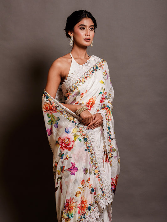 White Bengal Silk Printed Saree