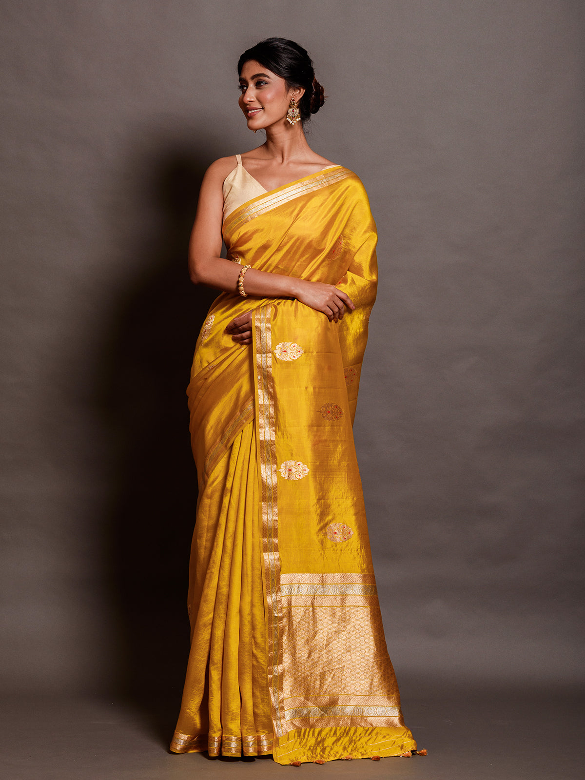 Yellow Silk Saree With Banarasi Border