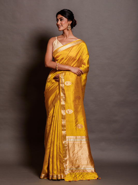 Yellow Silk Saree With Banarasi Border