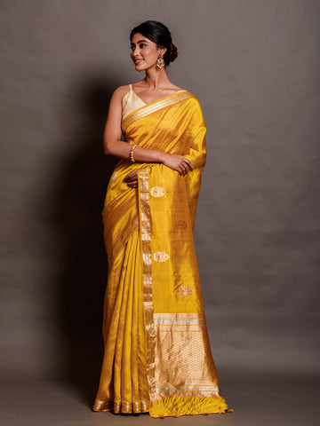 Yellow Silk Saree With Banarasi Border