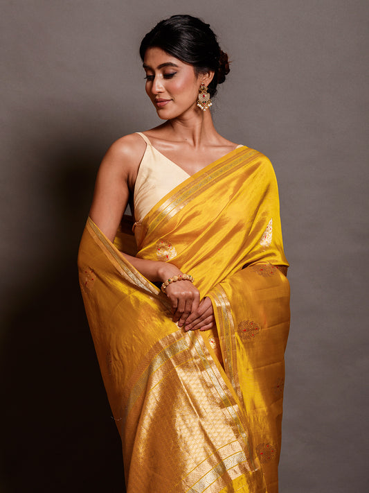 Yellow Silk Saree With Banarasi Border