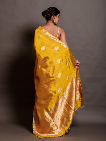 Yellow Silk Saree With Banarasi Border