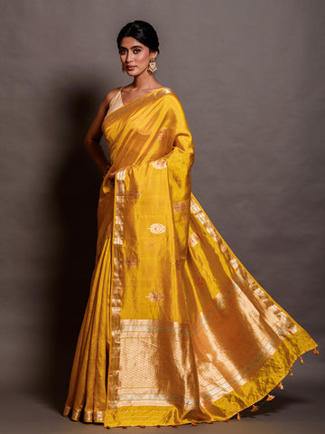 Yellow Silk Saree With Banarasi Border