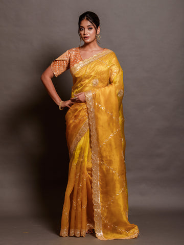 4D Organza Yellow Saree