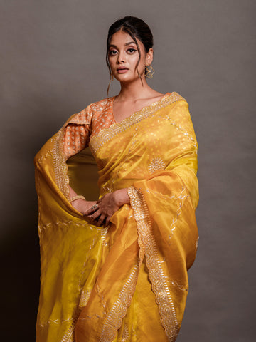 4D Organza Yellow Saree