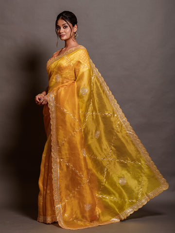 4D Organza Yellow Saree