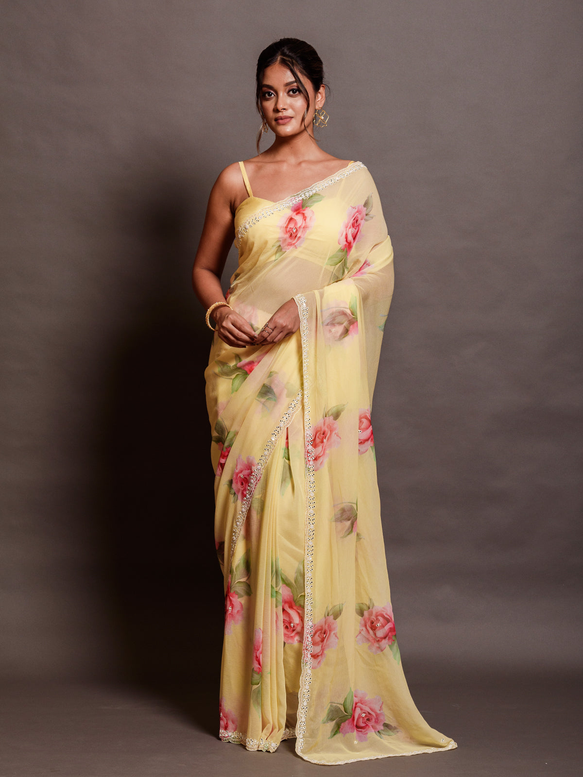 Yellow Printed Chiffon Saree