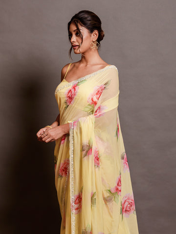 Yellow Printed Chiffon Saree