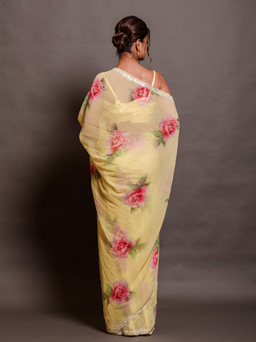 Yellow Printed Chiffon Saree