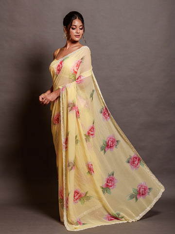 Yellow Printed Chiffon Saree