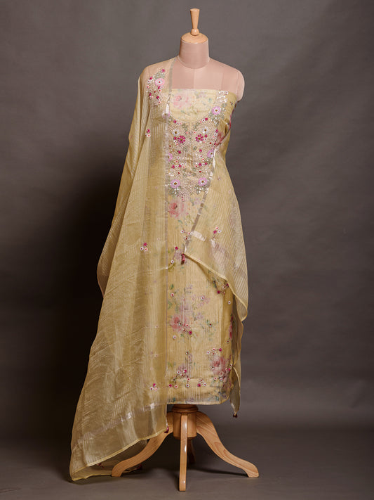 Yellow Embroidered Tissue Kurta Set with Sequins - Unstitched